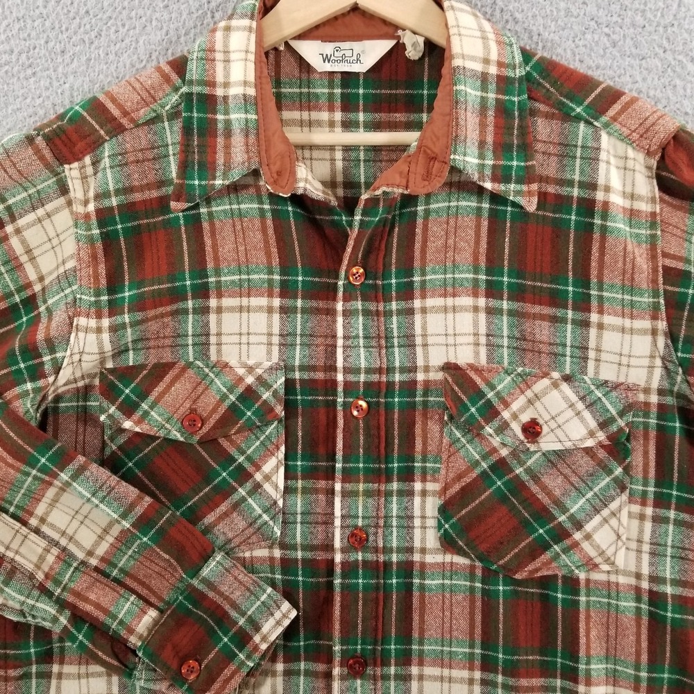 Vintage Woolrich Shirt Mens Large Brown Green Plaid 70s 80s Wool Nylon Outdoor